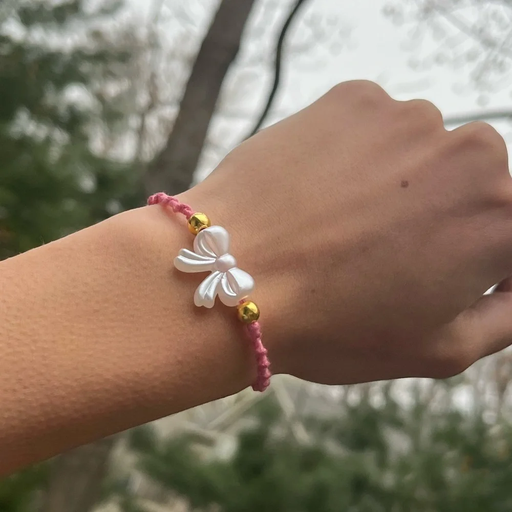 Handmade pink & Gold Bow Coquette inspired spiral dainty bracelet
